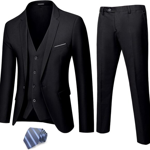 Men´s Black 3-Piece Suit with Tie & Vest - Stylish Slim Fit for Business Events,New Products : American Fashion Style Bags On Sale